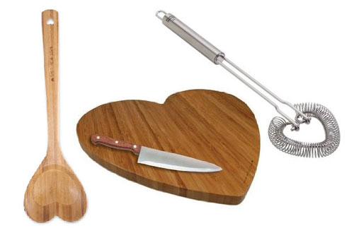Heart Shaped Spoon, Heart Shaped Cutting Board and Kuhn Rikon Heart Spring 10-Inch Whisk