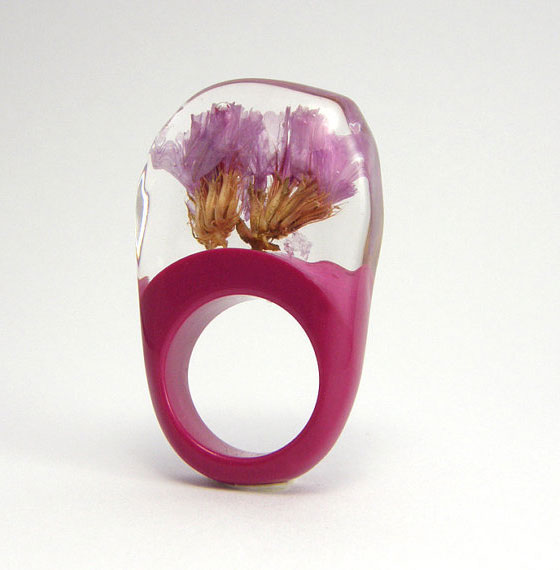 Pink Flowers and Fuchsia Resin Ring