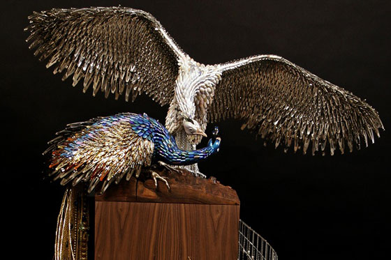 Stunning Peacock Sculptures made from Beauty Supplies