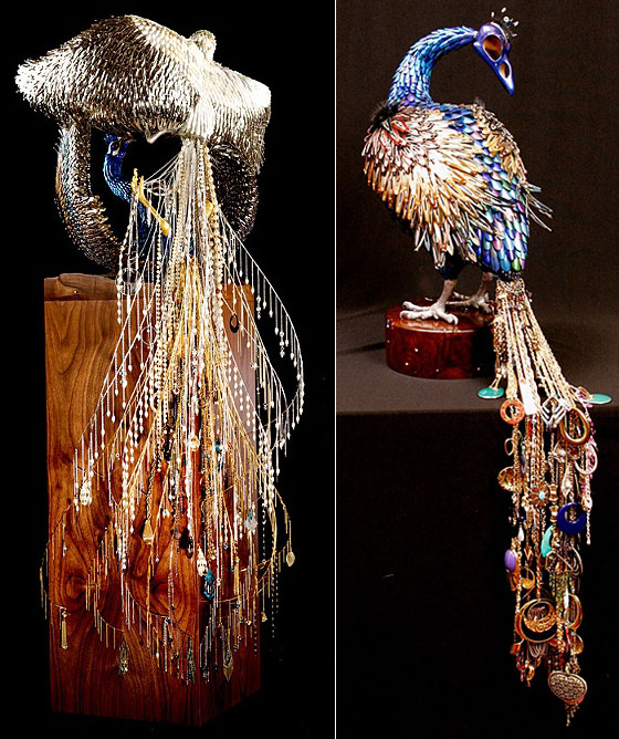 Stunning Peacock Sculptures made from Beauty Supplies