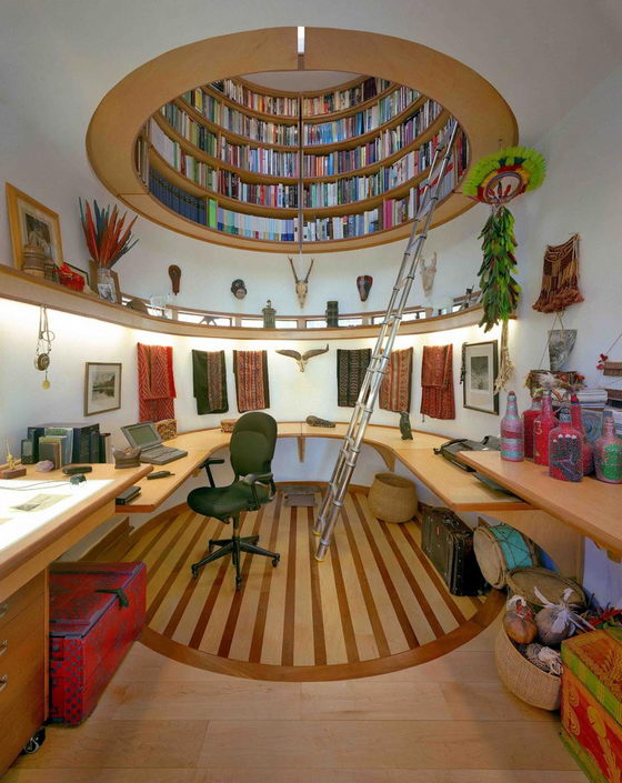 Unique Home Office with an Overhead Library