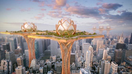 city in the sky: a futuristic lotus-shaped oasis tower