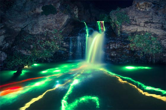 Neon Luminance: Long-Exposure Neon Waterfall by Sean Lenz and Kristoffer Abildgaard