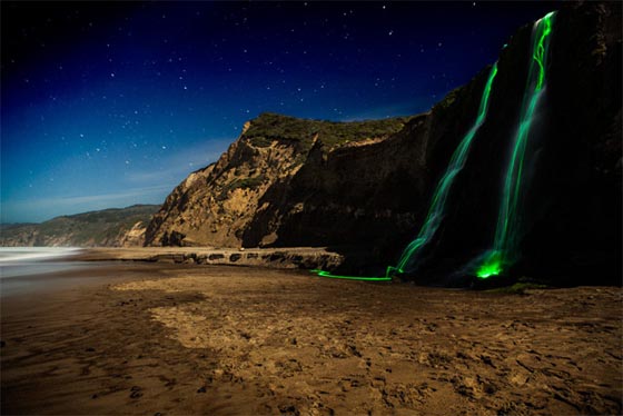 Neon Luminance: Long-Exposure Neon Waterfall by Sean Lenz and Kristoffer Abildgaard