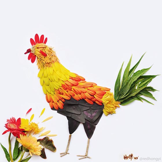 Exotic Birds Made of Flower Petals by Hong Yi