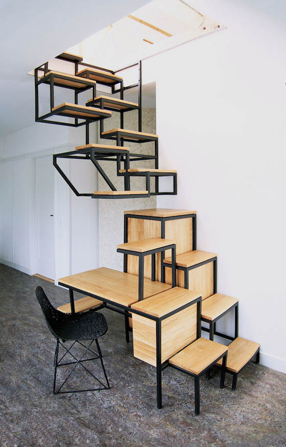 Objet élevé: A Connection Between Two Floors and Offers Space to Work, Collect and Store