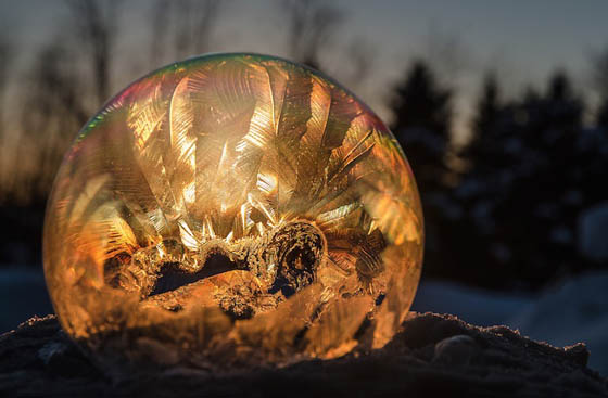 Stunning Ice Crystal Form Inside Frozen Bubble