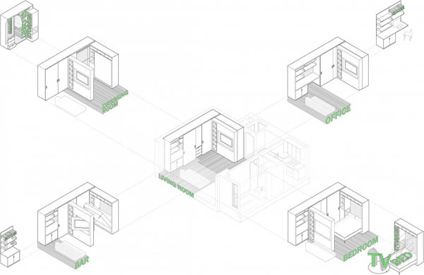 Five to One Apartment Utilizing Sliding Wall to Maximize Space