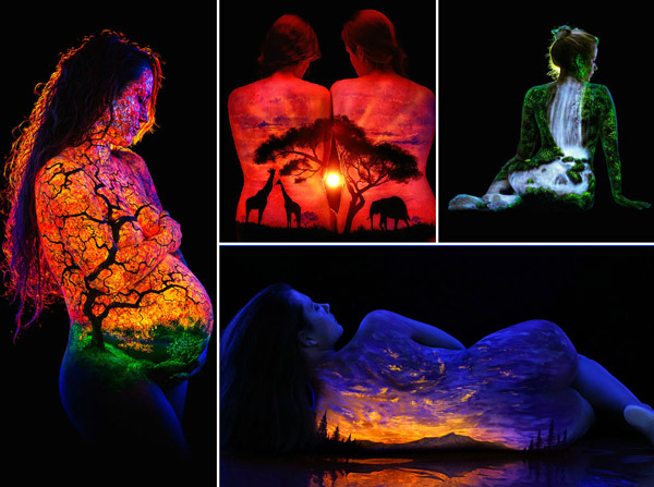Bodyscape: Stunning Landscape Paint on Human Body which Glow Under Black Lights