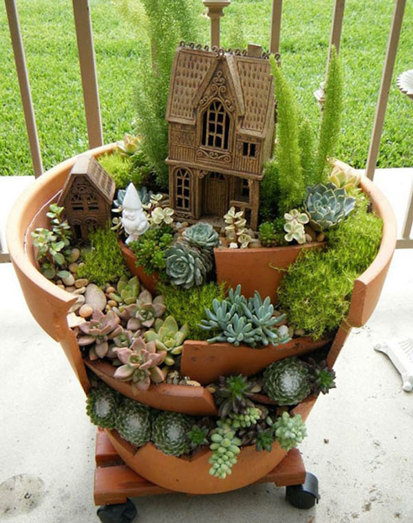 Fairy Gardens Made From Broken Planter