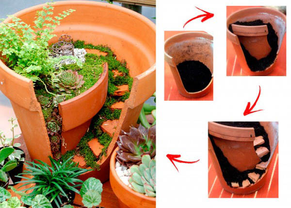 Fairy Gardens Made From Broken Planter