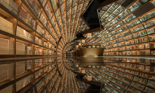 Beautiful Chinese Library Creating a Whimsical Book World with Mirrored Glass Floor