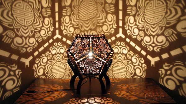 Handmade Lamp in Laser-cut Wood With Projection of Shadows 