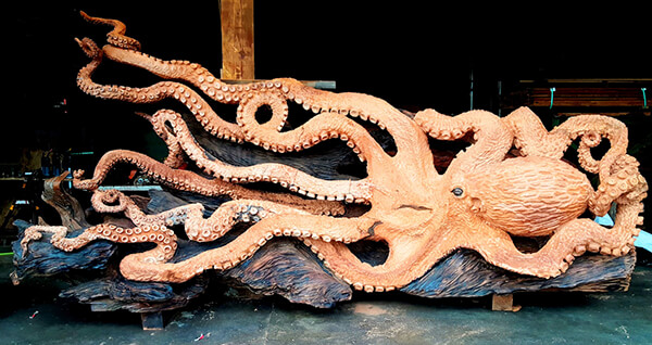Giant Pacific Octopus Sculpted out of Fallen Redwood