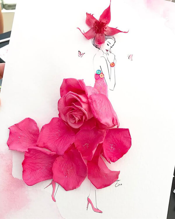 Floral Fashion Illustration Made of Real Flower Pedal