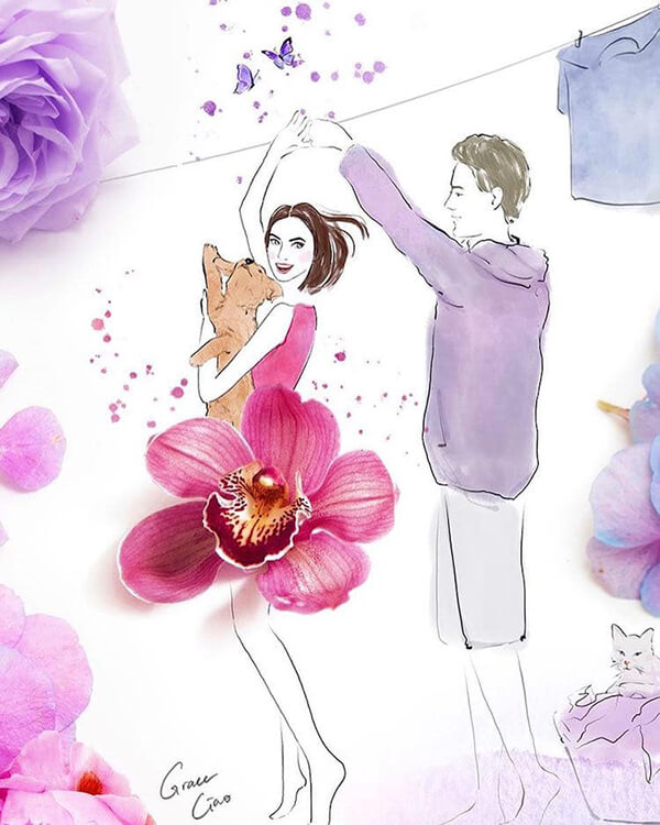 Floral Fashion Illustration Made of Real Flower Pedal
