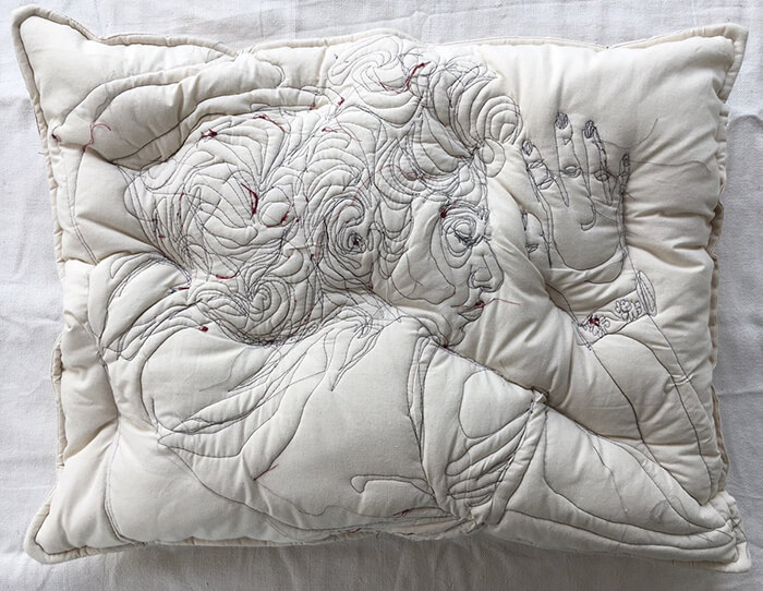 Embroideries Portraits of Sleeping People on Pillows by Maryam Ashkanian