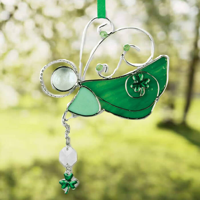 Stained Glass Sun Catcher with Green Shamrock Designs Patricks Day May the Luck of the Irish Be with You St Irish Angel Suncatcher