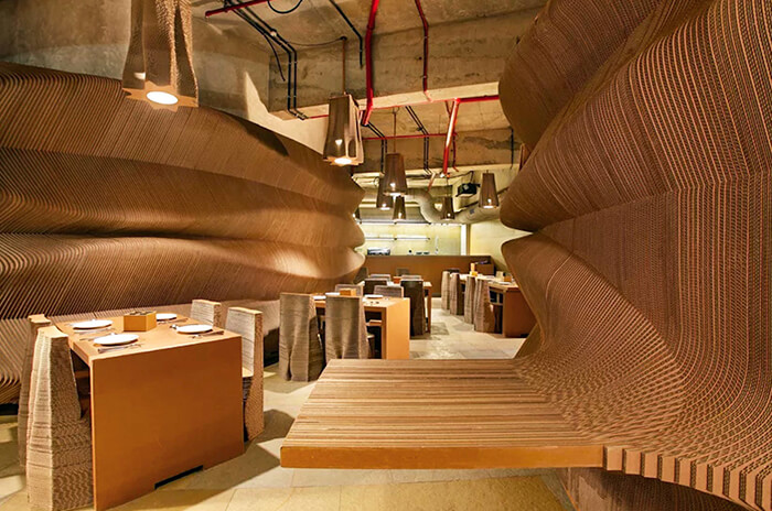 Cardboard Bombay, a Cafe which Uses Corrugated Cardboard to Form the Furnishings and Furnishes