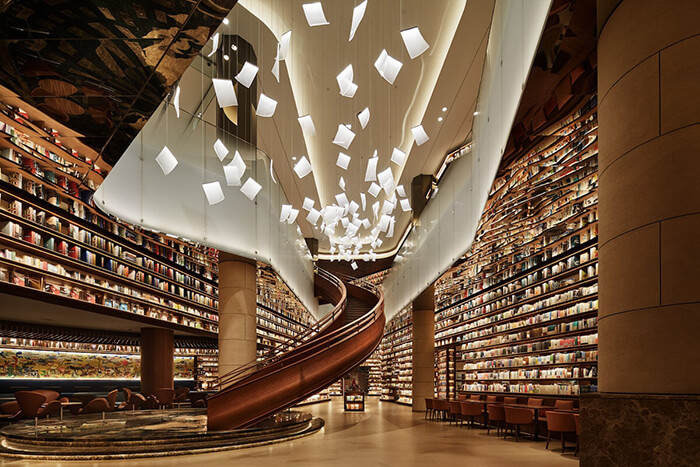 Incredible Chinese Bookstore with Chandeliers Look Like Sheets of Paper Floating in Mid-Air