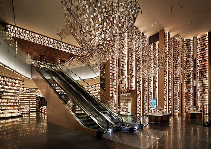 Incredible Chinese Bookstore with Chandeliers Look Like Sheets of Paper Floating in Mid-Air