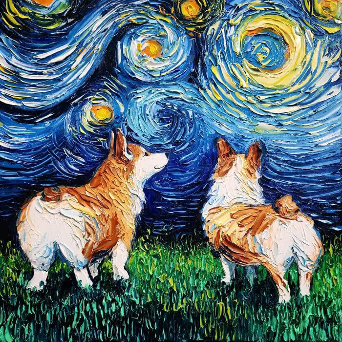 Unusual Starry Night Dog Painting Series