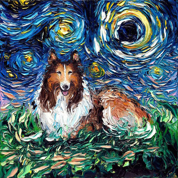 Unusual Starry Night Dog Painting Series