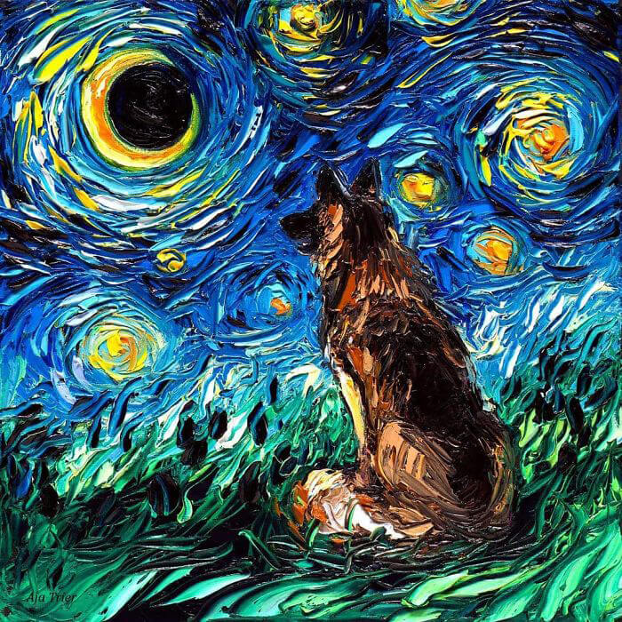 Unusual Starry Night Dog Painting Series