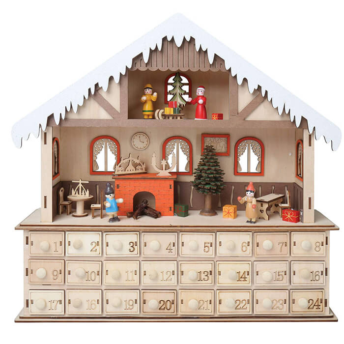 Open and Closing Drawers to Count Down Days Until Christmas Clever Creations Cozy Interior Advent Calendar Wrapped Presents Sleigh Chimney & More Christmas Decor Measures 17 x 4.5 x 16.5