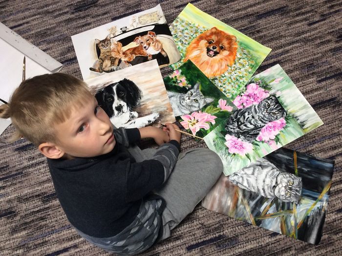 9-Year-Old Boy Paint Custom Pet Portrait in Exchange for Pet Food and Supplies for Shelter Animal