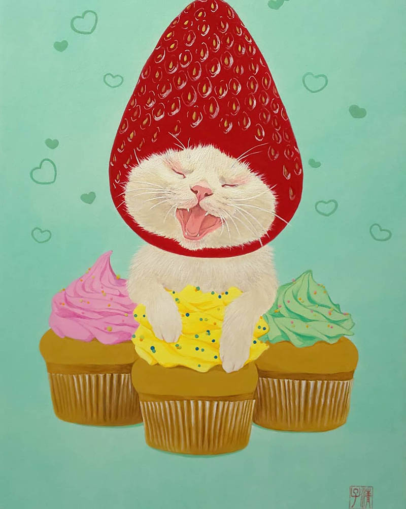 cat eating cake drawing