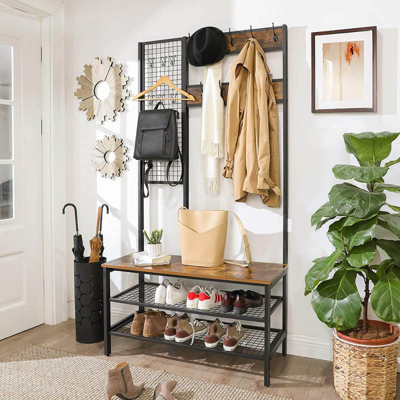 Industrial Hall Tree with Side Storage Shelves, Entryway Bench