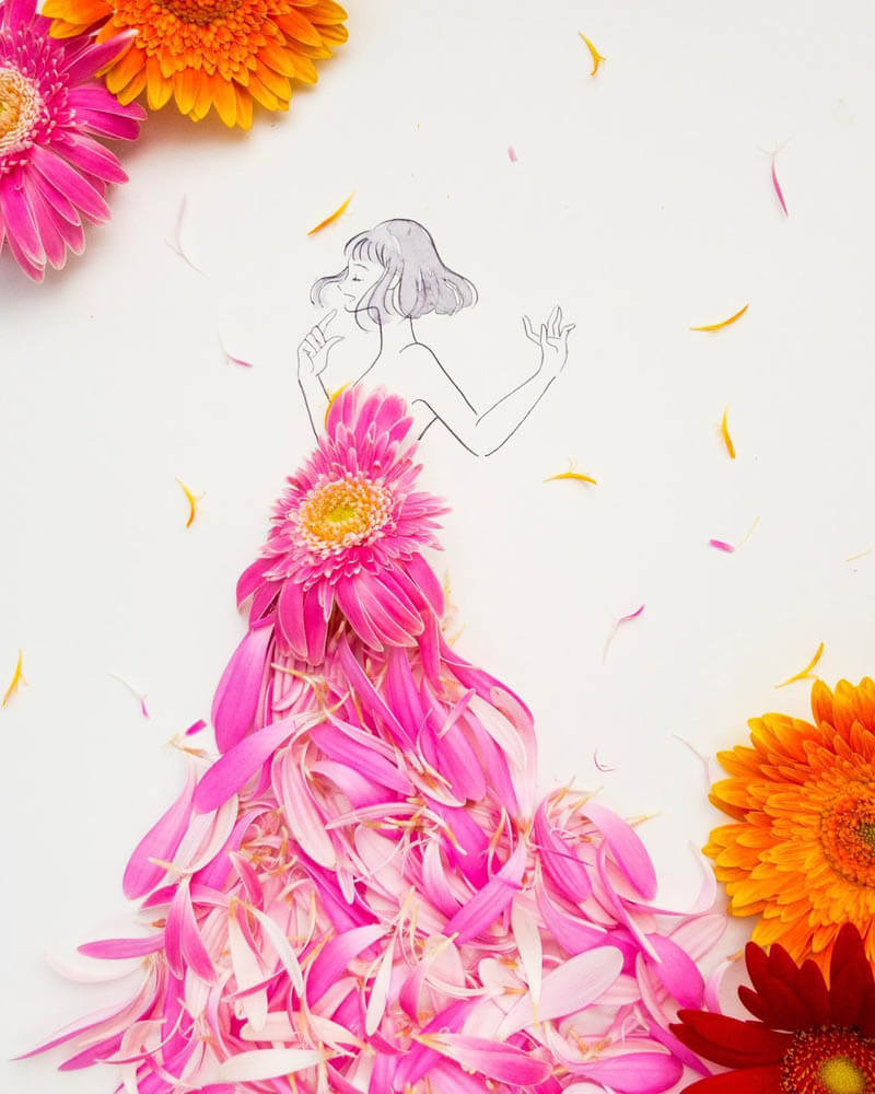 Fashion Illustrations Incorporate Real Flowers and Leaves - Design Swan