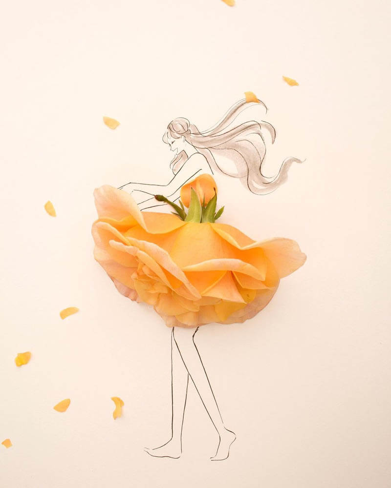 Elegant Drawing of Girls Wearing Dresses Made of Real Flower Petals