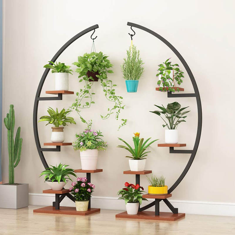 Black Plant Stand 2-Shelf Gold Plant Pot Stand for Indoor in Large