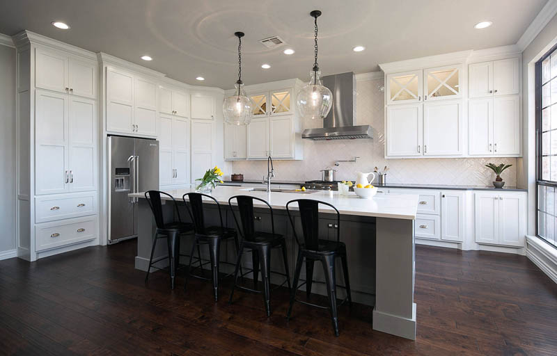 dark floors white wall kitchen