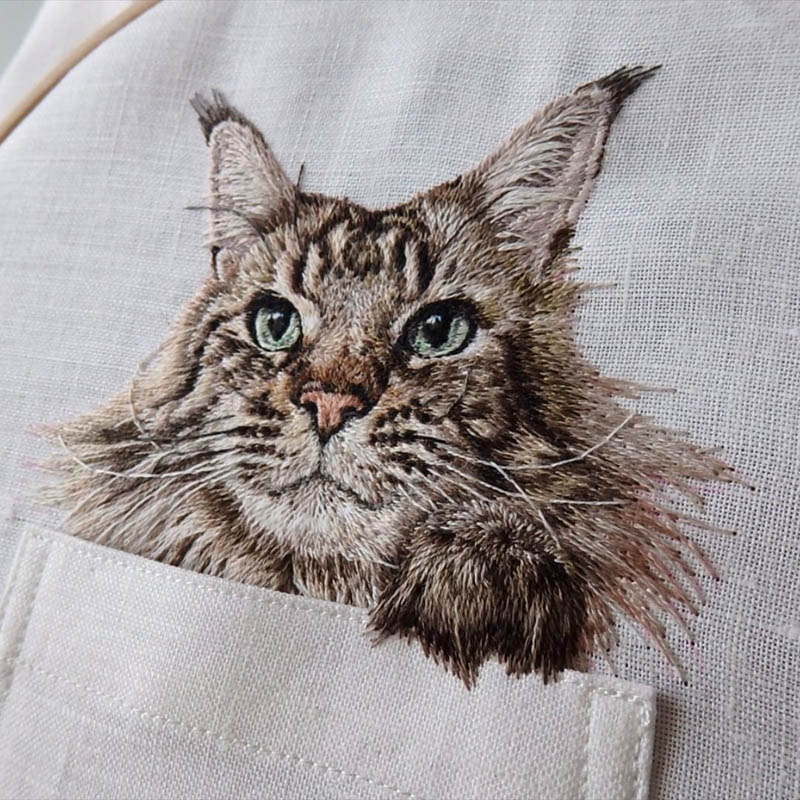 hiroko kubota embroiders cats onto shirt pockets • craft • frankie