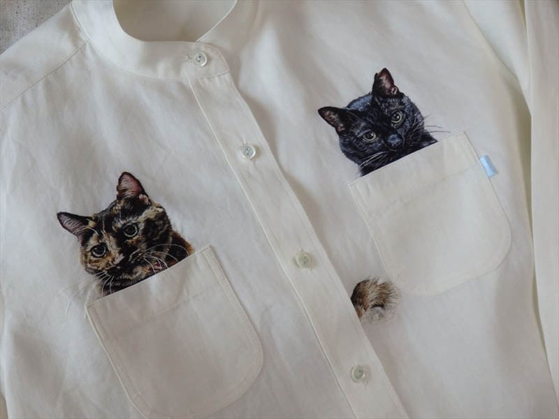 hiroko kubota embroiders cats onto shirt pockets • craft • frankie