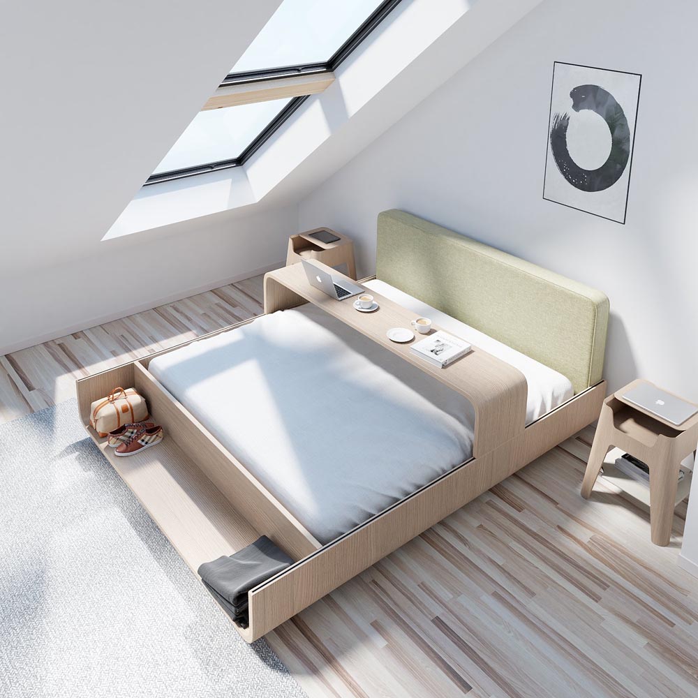 Bed With Integrated Sliding Table and Storage Design Swan